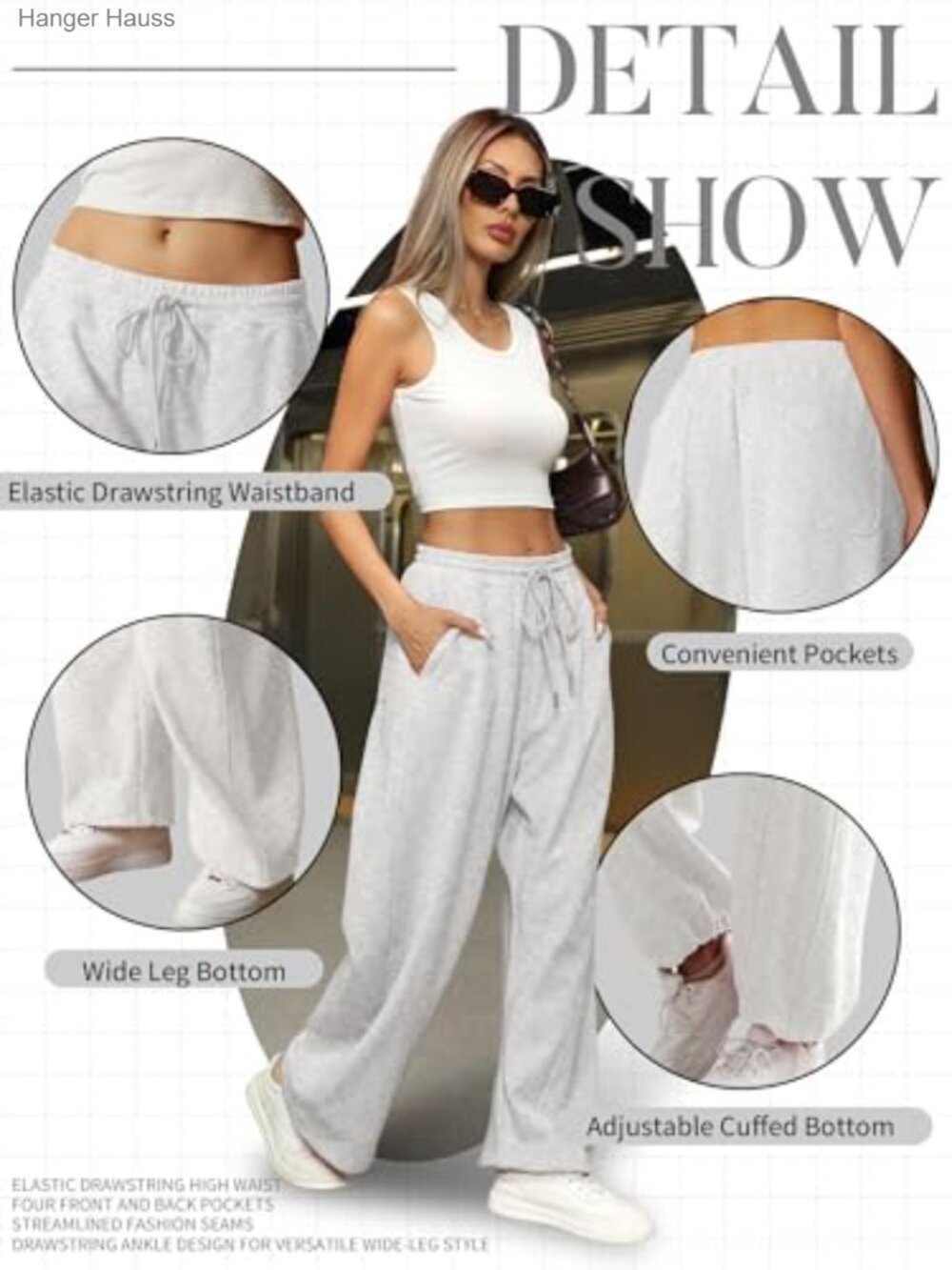 Wide Leg Sweatpants - High Elastic Waist Baggy Pants with Pockets & Adjustable - Picture 5 of 7